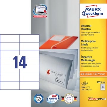 Een Avery Zweckform 3653, Universele etiketten, Ultragrip, wit, 200 vel, 14 per vel, 105 x 42,3 mm koop je bij Muys Kantoor & Kado