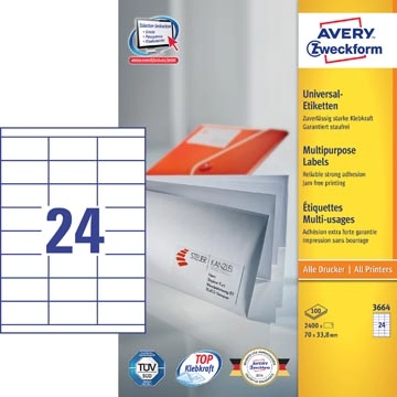 Een Avery Zweckform 3664, Universele etiketten, Ultragrip, wit, 100 vel, 24 per vel, 70 x 33,8 mm koop je bij Muys Kantoor & Kado