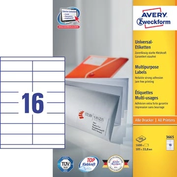 Een Avery Zweckform 3665, Universele etiketten, Ultragrip, wit, 100 vel, 16 per vel, 105 x 33,8 mm koop je bij Muys Kantoor & Kado