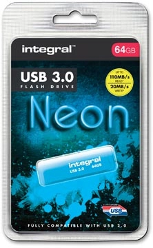 Een Integral Neon USB 3.0 stick, 64 GB, blauw koop je bij Muys Kantoor & Kado