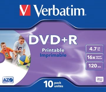 Een Verbatim DVD recordable DVD+R, printbaar, doos van 10 stuks, individueel verpakt (Jewel Case) koop je bij Muys Kantoor & Kado