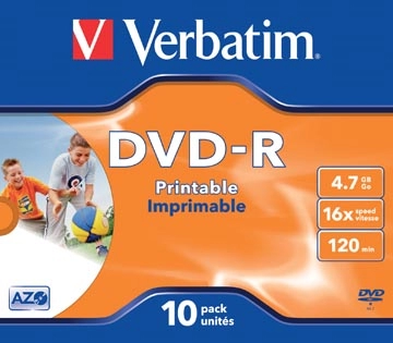 Een Verbatim DVD recordable DVD-R, printbaar, doos van 10 stuks, individueel verpakt (Jewel Case) koop je bij Muys Kantoor & Kado