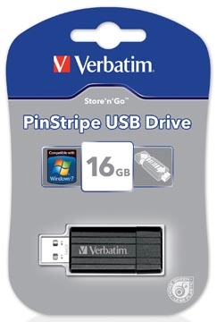 Een Verbatim PinStripe USB 2.0 stick, 16 GB, zwart koop je bij Muys Kantoor & Kado