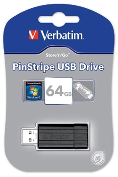 Een Verbatim PinStripe USB 2.0 stick, 64 GB, zwart koop je bij Muys Kantoor & Kado