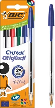 Een Bic Cristal balpen, medium, blister van 5 stuks: zwart, rood, groen en 2 x blauw koop je bij Muys Kantoor & Kado