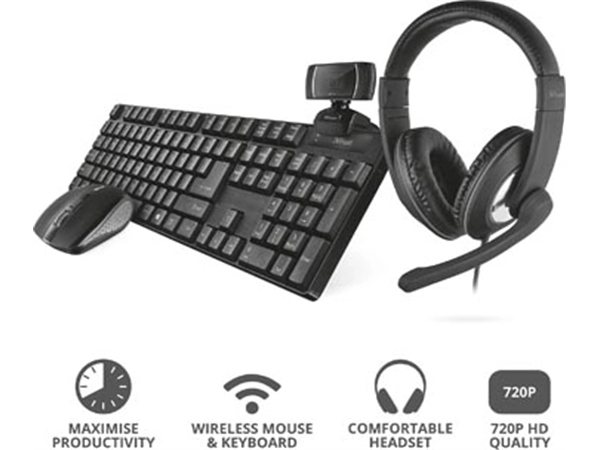 Een Trust Qoby 4-in-1 Home Office Set met Webcam, headset, toetsenbord (azerty) en muis koop je bij Muys Kantoor & Kado