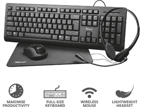 Een Trust Primo 4-in-1 Home Office Set met headset, toetsenbord (azerty), muis en muismat koop je bij Muys Kantoor & Kado