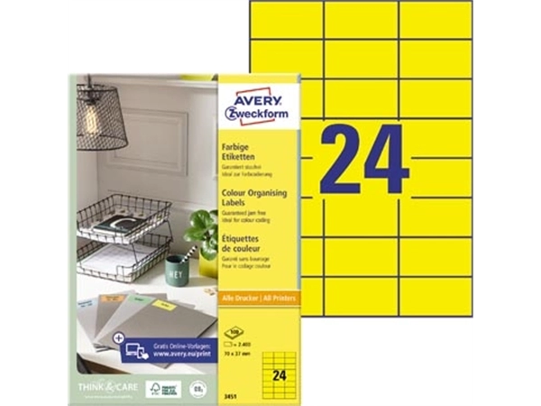 Een Avery gekleurde universele etiketten ft 70 x 37 mm (b x h), 2400 stuks, geel koop je bij Muys Kantoor & Kado