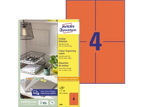 Een Avery gekleurde universele etiketten ft 105 x 148 mm (b x h), 400 stuks, rood koop je bij Muys Kantoor & Kado