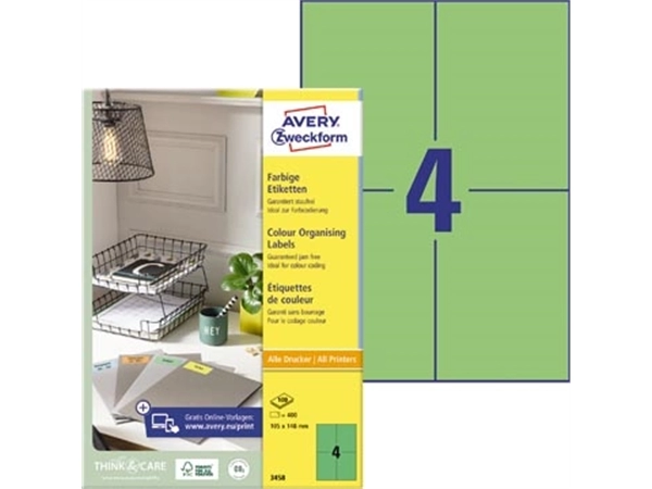 Een Avery gekleurde universele etiketten ft 105 x 148 mm (b x h), 400 stuks, groen koop je bij Muys Kantoor & Kado