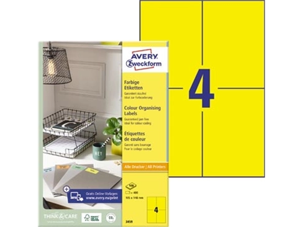 Een Avery gekleurde universele etiketten ft 105 x 148 mm (b x h), 400 stuks, geel koop je bij Muys Kantoor & Kado