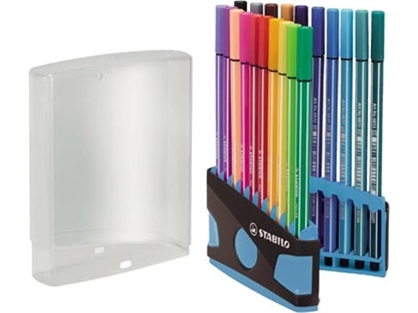 Een STABILO Pen 68 brush, ColorParade, blauw-grijze doos, 20 stuks in geassorteerde kleuren koop je bij Muys Kantoor & Kado