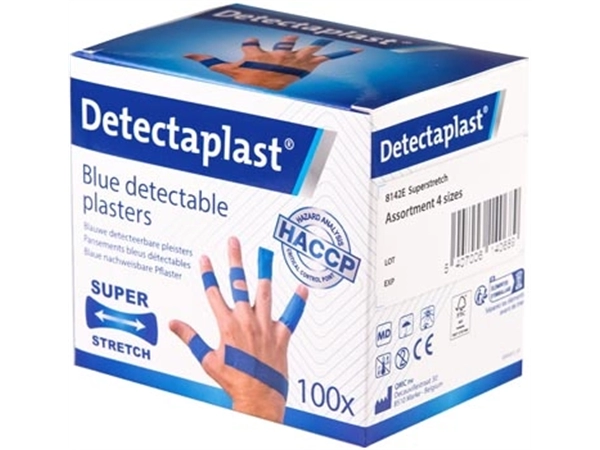 Een Detectaplast Elastic textielpleister, assorti afmetingen, pak van 100 stuks koop je bij Muys Kantoor & Kado