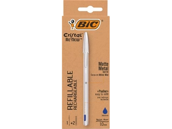 Een Bic balpen Cristal Re-new, zilveren lichaam, blauwe inkt, doos met 1 stuk en 2 navullingen koop je bij Muys Kantoor & Kado