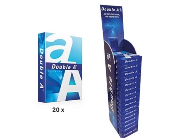 Een ACTIE DOUBLE A: 20 x papier A4, 80 g, 500 vel (ref. D1022) + GRATIS 1 x professionele presentatiedisplay koop je bij Muys Kantoor & Kado