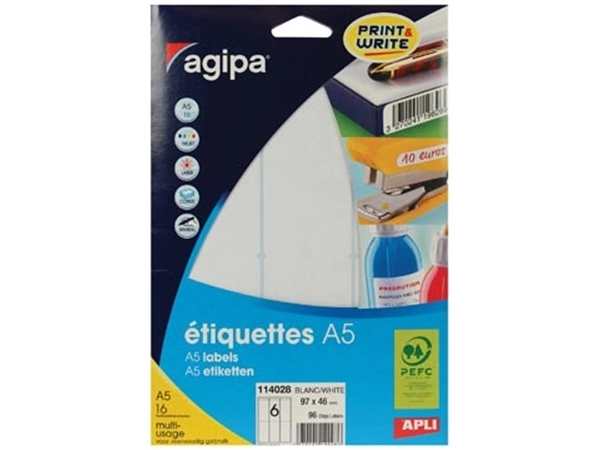 Een Agipa witte etiketten Print & Write ft 97 x 46 mm (b x h), 96 stuks, 6 per blad koop je bij Muys Kantoor & Kado