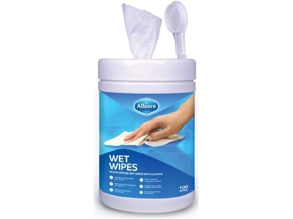 Een Albiore desinfecterende wipes voor veelvuldig gebruik, pak van 100 wipes koop je bij Muys Kantoor & Kado