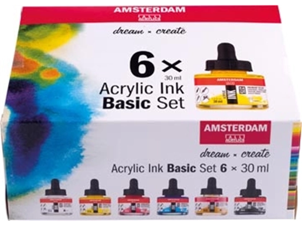 Een Amsterdam acryl inkt Bassisset, set met 6 flacons van 30 ml, assorti koop je bij Muys Kantoor & Kado