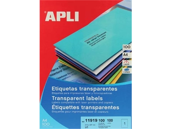 Een Apli Transparante etiketten ft 210 x 297 mm (b x h), 100 stuks, 1 per blad, doos van 100 blad koop je bij Muys Kantoor & Kado