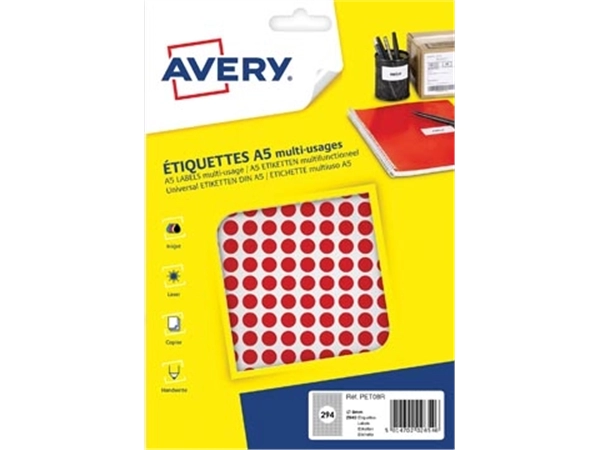 Een Avery PET08R ronde markeringsetiketten, diameter 8 mm, blister van 2940 stuks, rood koop je bij Muys Kantoor & Kado