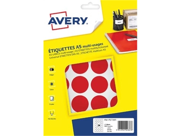 Een Avery PET30R ronde markeringsetiketten, diameter 30 mm, blister van 240 stuks, rood koop je bij Muys Kantoor & Kado