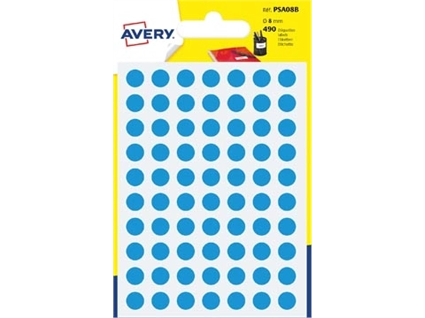 Een Avery PSA08B ronde markeringsetiketten, diameter 8 mm, blister van 490 stuks, lichtblauw koop je bij Muys Kantoor & Kado