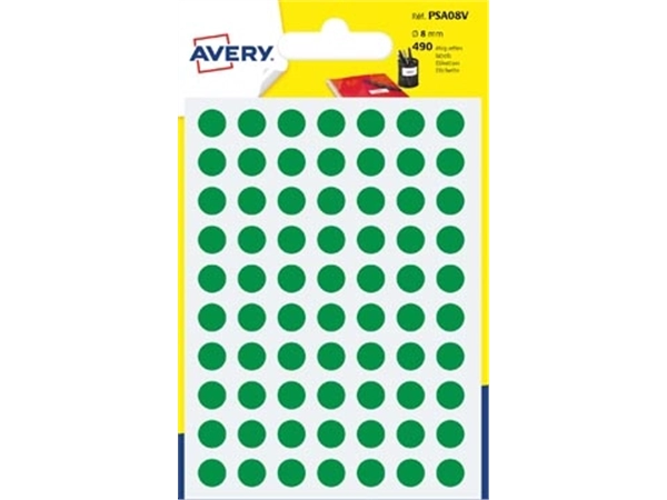 Een Avery PSA08V ronde markeringsetiketten, diameter 8 mm, blister van 490 stuks, groen koop je bij Muys Kantoor & Kado