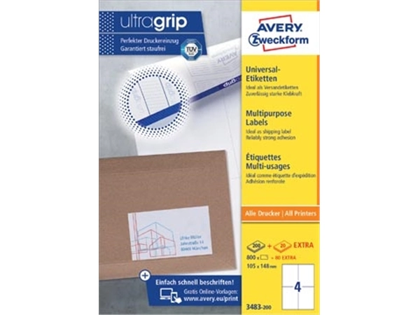 Een Avery Zweckform 3483-2, Universele etiketten, Ultragrip, wit, 200 vel, 4 per vel, ft 105 x 148 mm koop je bij Muys Kantoor & Kado