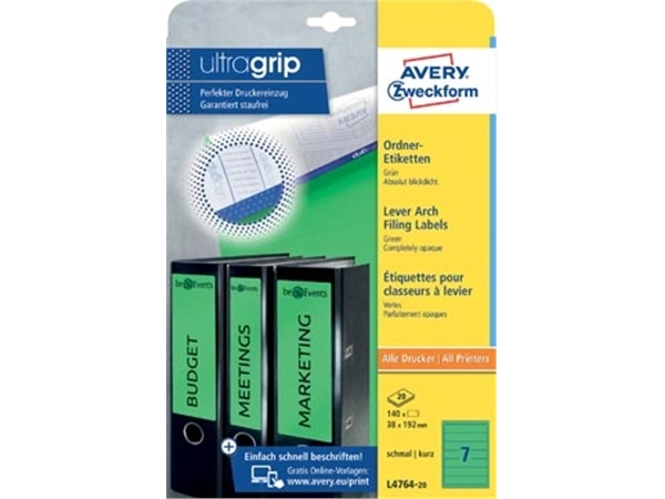 Een Avery Zweckform L4764-20 ordnerrugetiketten ft 19,2 x 3,8 cm (b x h), 140 etiketten, groen koop je bij Muys Kantoor & Kado