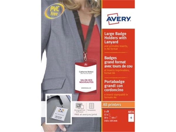 Een Avery grote badge met lanyard zwart, inclusief inserts, doos van 10 stuks koop je bij Muys Kantoor & Kado