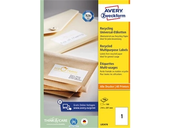 Een Avery witte gerecycleerde universele etiketten ft 210 x 297 mm (b x h), 100 stuks, 1 per blad koop je bij Muys Kantoor & Kado