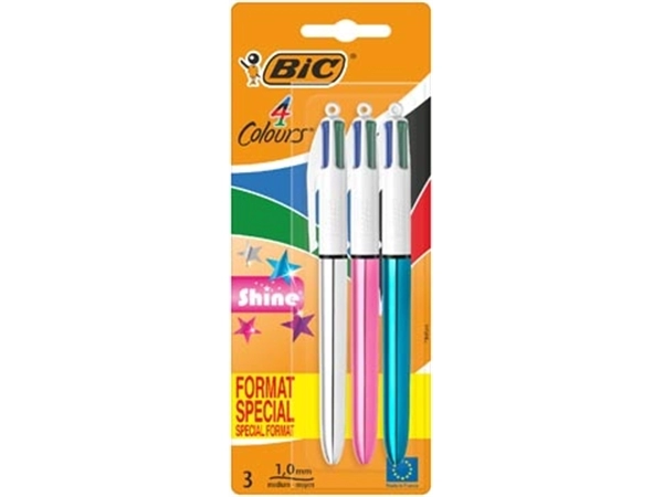 Een Bic Colours Shine 4-kleurenbalpen, medium, klassieke inktkleuren, blister van 3 stuks koop je bij Muys Kantoor & Kado