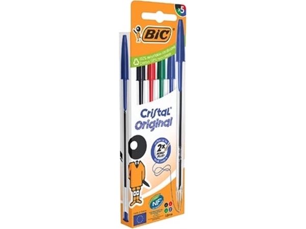 Een Bic Cristal balpen, medium, blister van 5 stuks: zwart, rood, groen en 2 x blauw koop je bij Muys Kantoor & Kado