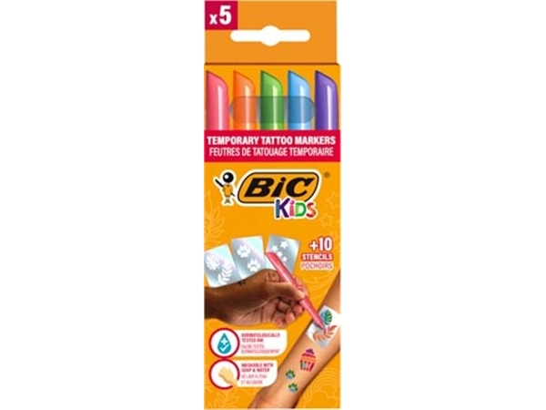 Een Bic Kids tattoo marker set, assorti, set van 5 pennen en 10 stencils koop je bij Muys Kantoor & Kado