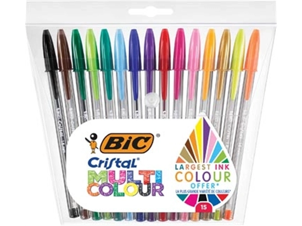 Een Bic balpen Cristal Multicolour, etui van 15 stuks in geassorteerde kleuren koop je bij Muys Kantoor & Kado