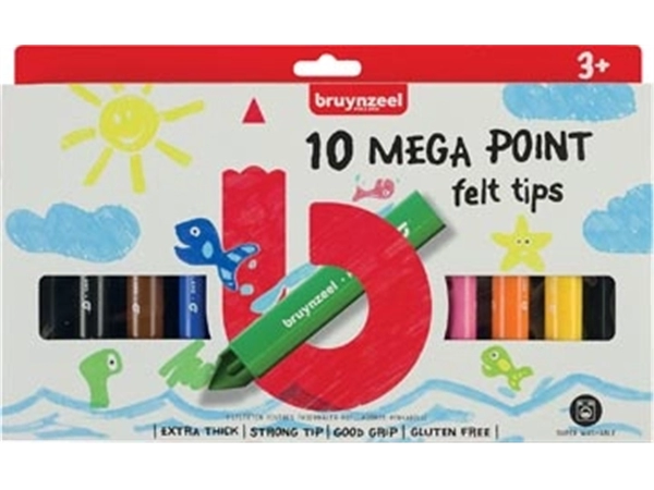 Een Bruynzeel Kids viltstiften Mega Point, blister van 10 geassorteerde kleuren koop je bij Muys Kantoor & Kado