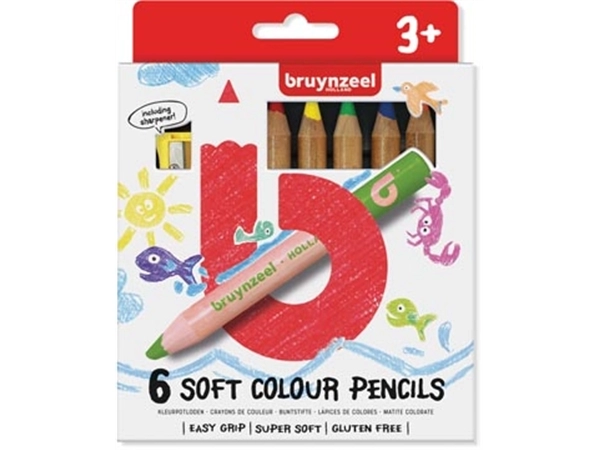 Een Bruynzeel Kids zachte kleurpotloden, set van 6 stuks in geassorteerde kleuren koop je bij Muys Kantoor & Kado