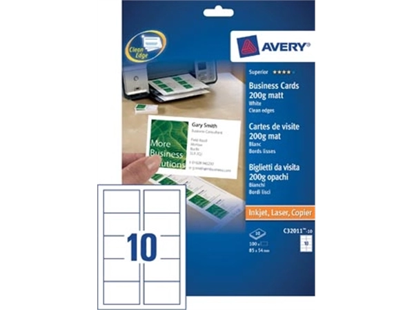 Een Avery visitekaarten 200 g/m², Ft 85 x 54 mm (10 per blad), doos van 10 blad koop je bij Muys Kantoor & Kado