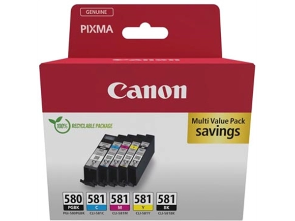 Een Canon inktcartridge 1 x PGI-580PGBK zwart + 1 x CLI-581, 200 - 1.660 pagina's, OEM 2078C008, 4 kleuren koop je bij Muys Kantoor & Kado