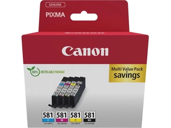 Een Canon inktcartridge CLI-581, 200 - 250 pagina's, OEM 2103C006, 4 kleuren koop je bij Muys Kantoor & Kado