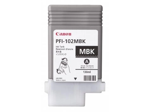 Een Canon inktcartridge PFI-102MBK, 130 ml, OEM 0894B001, mat zwart koop je bij Muys Kantoor & Kado