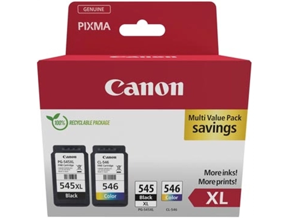 Een Canon photo value pack 1 x PG-545XL + 1 x CL-546XL, 300 - 400 pagina's, OEM 8286B012, 4 kleuren koop je bij Muys Kantoor & Kado