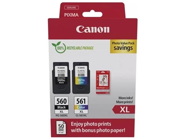 Een Canon photo value pack 1 x PG-560XL + 1 x CL-561XL, 300 - 400 pagina's, OEM 3712C008, 4 kleuren koop je bij Muys Kantoor & Kado