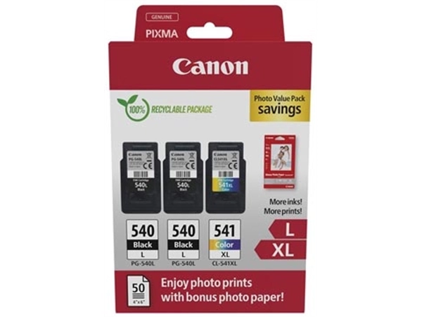 Een Canon photo value pack 2 x PG-540L + 1 x CL-541XL, 300 - 400 pagina's, OEM 5224B015, 4 kleuren koop je bij Muys Kantoor & Kado