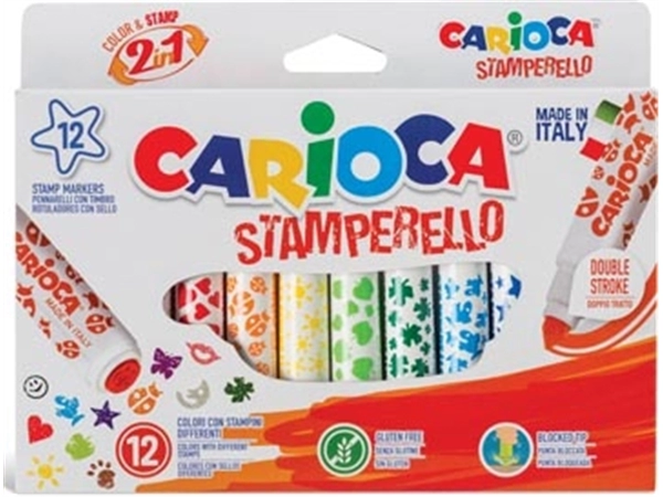 Een Carioca stempelstift Stamperello, 12 stiften (= 12 kleuren en 12 stempelmotieven) koop je bij Muys Kantoor & Kado