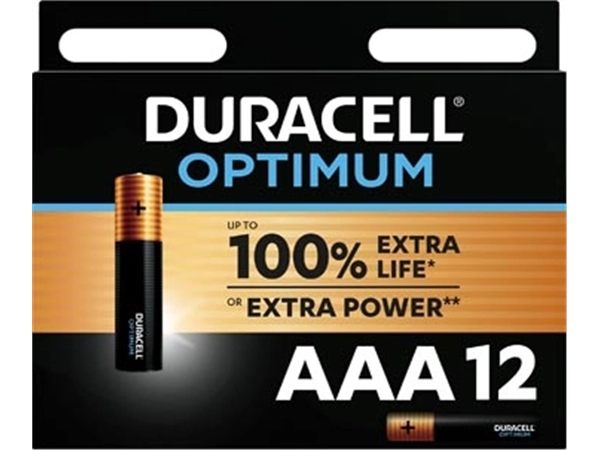 Een Duracell batterij Optimum AAA, blister van 12 stuks koop je bij Muys Kantoor & Kado