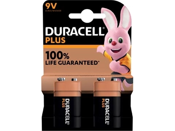 Een Duracell batterij Plus 100% 9V, blister van 2 stuks koop je bij Muys Kantoor & Kado