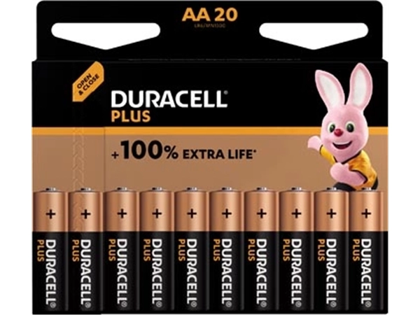 Een Duracell batterij Plus 100% AA, blister van 20 stuks koop je bij Muys Kantoor & Kado