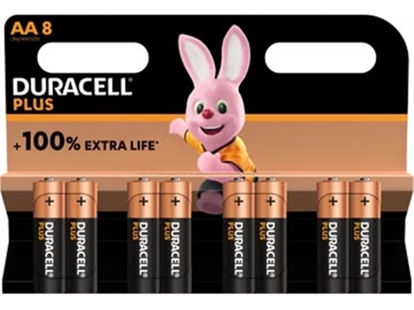 Een Duracell batterij Plus 100% AA, blister van 8 stuks koop je bij Muys Kantoor & Kado