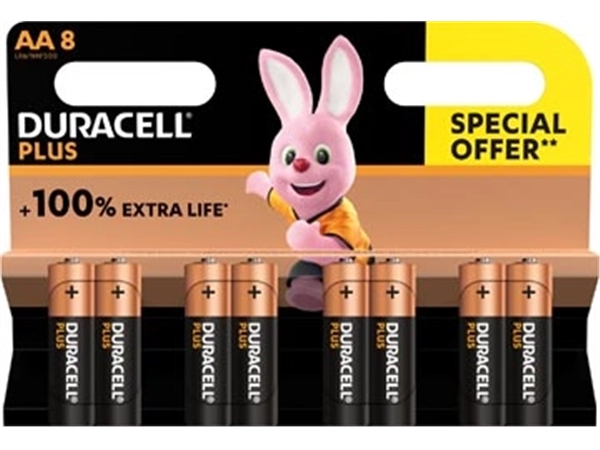 Een Duracell batterij Plus 100% AA, blister van 8 stuks koop je bij Muys Kantoor & Kado